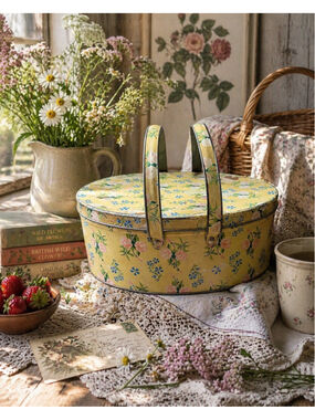 Vintage Floral Tin Cottagecore Picnic Basket Oval Metal Storage Farmhouse Chintz